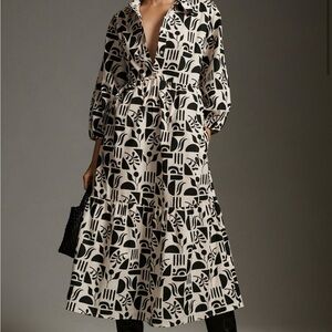 Maeve Bettina Tiered Black and White Patterned Shirt Dress